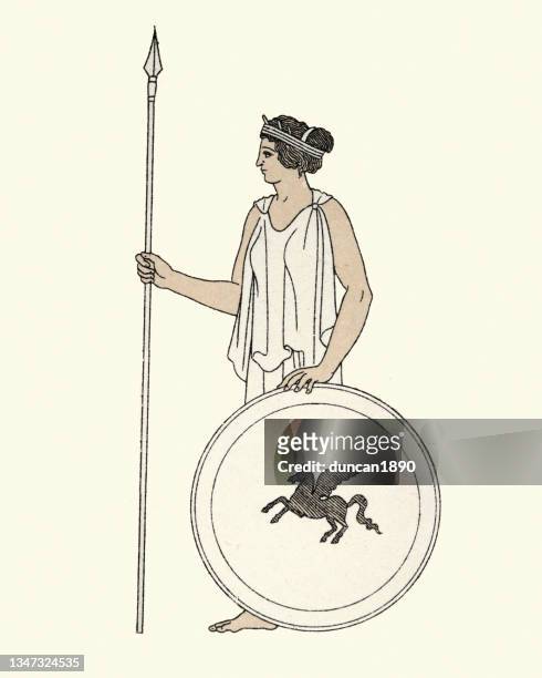 ilustrações de stock, clip art, desenhos animados e ícones de ancient greek woman with spear and shield, athena goddess of war - grego clássico