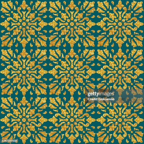 gold foil hand painted metallic tile. seamless arabic style pattern. vector tile pattern, lisbon arabic floral mosaic, mediterranean seamless gold colored ornament. - arabesque stock illustrations