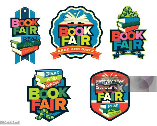 illustrations, cliparts, dessins animés et icônes de logo, badge et bouclier de la foire du livre - salon du livre