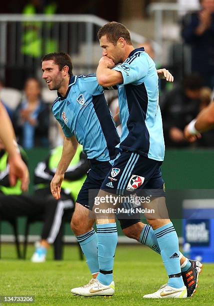 Brett Emerton of Sydney celebrates his goal during the round nine A-League match between Sydney FC and the Brisbane Roar at WIN Jubilee Stadium on...
