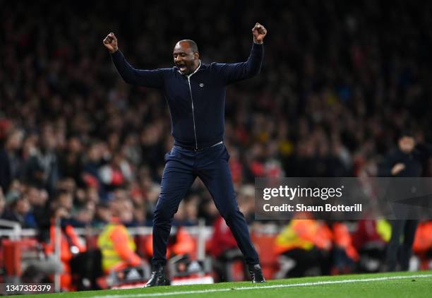 Patrick Vieira, Manager of Crystal Palace celebrates his sides 2nd goal during the Premier League match between Arsenal and Crystal Palace at...