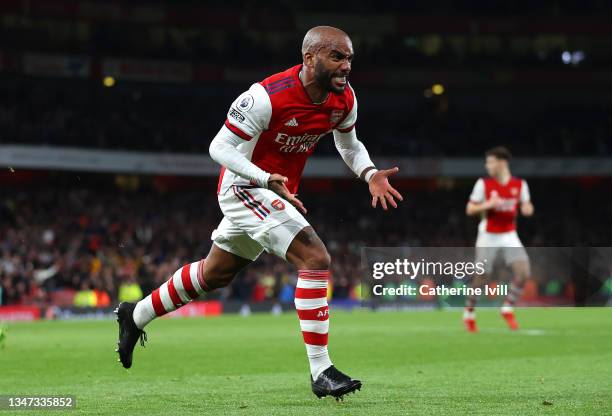 Alexandre Lacazette of Arsenal celebrates after scoring their team's second goal during the Premier League match between Arsenal and Crystal Palace...