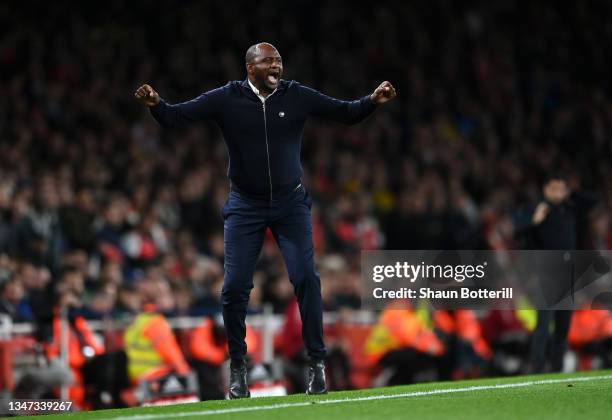 Patrick Vieira, Manager of Crystal Palace celebrates his sides 2nd goal during the Premier League match between Arsenal and Crystal Palace at...