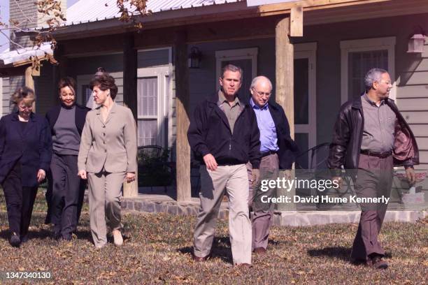 Vice President candidate Dick Cheney, Presidential candidate George W. Bush and Gen. Colin Powell meet with reporters on November 30, 2000 at Bush's...
