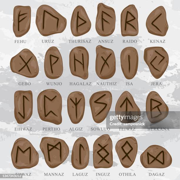 collection of tiger eye carved nordic rune stones - viking rune symbols stock illustrations