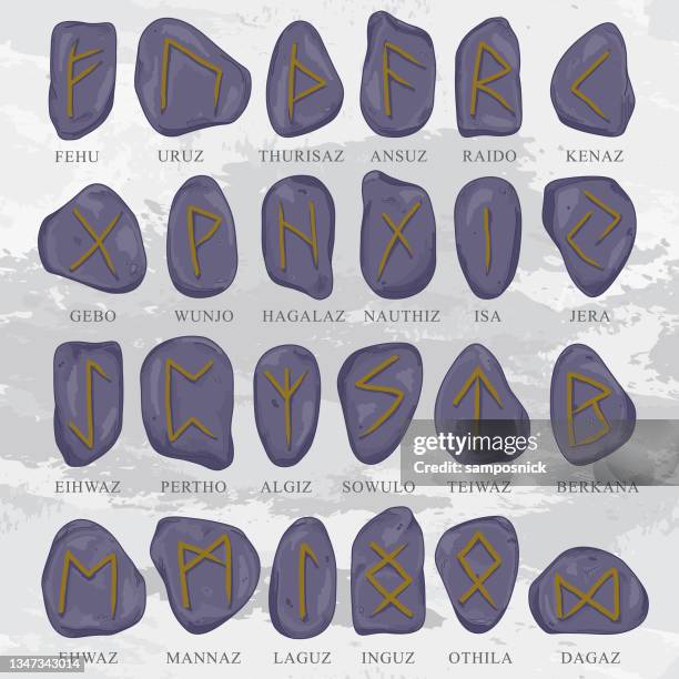 collection of amethyst carved nordic rune stones - viking rune symbols stock illustrations