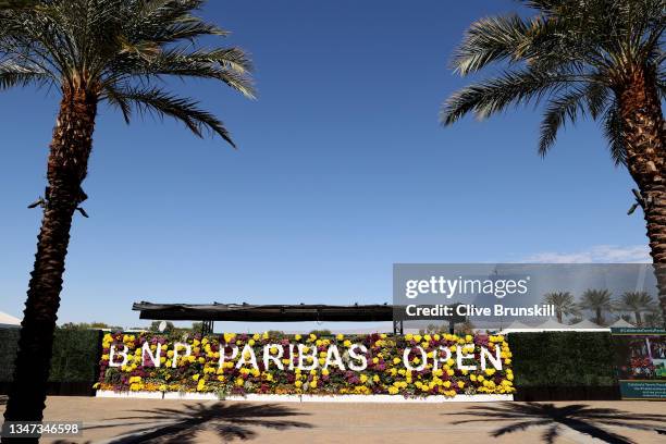 Photograph of the tournaments flower wall during Day 14 of the BNP Paribas Open at the Indian Wells Tennis Garden on October 17, 2021 in Indian...