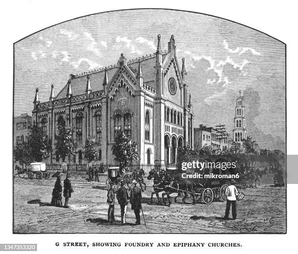 old engraved illustration of foundry methodist and epiphany churches,  washington dc., united states - foundry methodist church foto e immagini stock