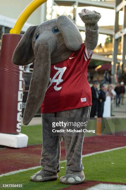 Mascot Big Al of the Alabama Crimson Tide prior to their game against the Mississippi State Bulldogs at Davis Wade Stadium on October 16, 2021 in...