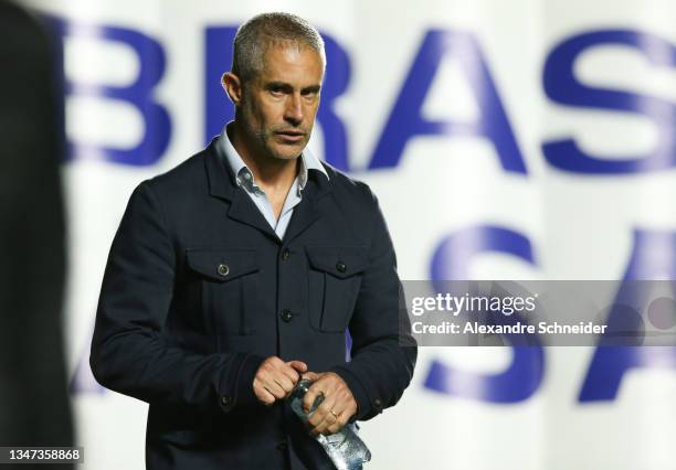 Sylvinho, head coach of Corinthians looks on during a match between Sao Paulo and Corinthians as part of Brasileirao Series A 2021 at Morumbi Stadium...