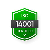 ISO 14001 Certified green vector banner. Flat certification label isolated on white background. Food safety concept. Vector illustration.