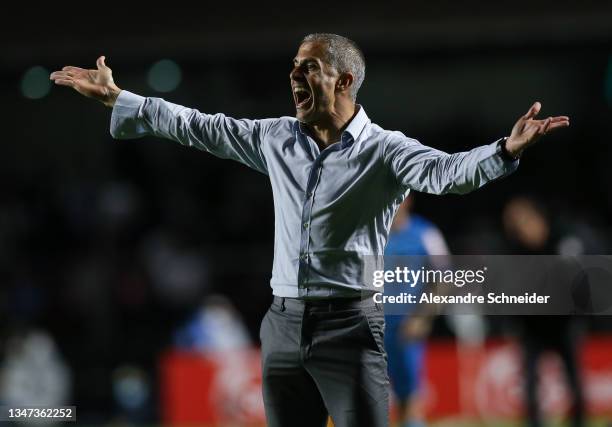 Sylvinho, head coach of Corinthians reacts during a match between Sao Paulo and Corinthians as part of Brasileirao Series A 2021 at Morumbi Stadium...
