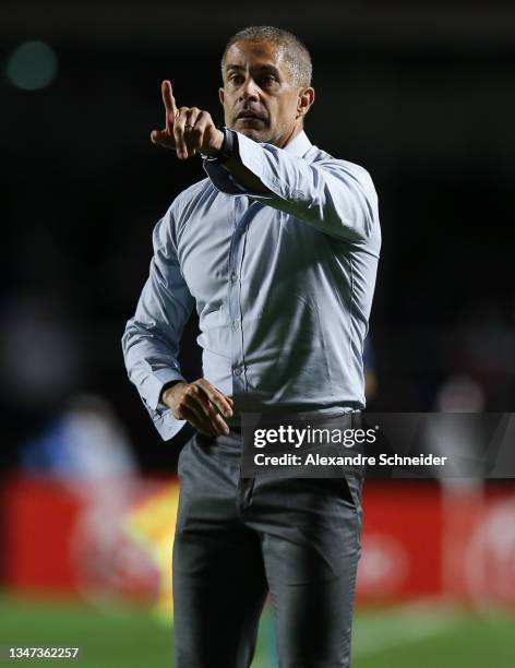 Sylvinho, head coach of Corinthians gestures during a match between Sao Paulo and Corinthians as part of Brasileirao Series A 2021 at Morumbi Stadium...