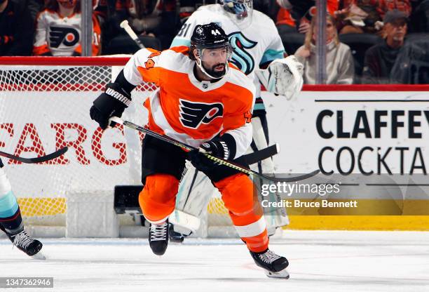 Nate Thompson of the Philadelphia Flyers skates against the Seattle Kraken during the first period at the Wells Fargo Center on October 18, 2021 in...