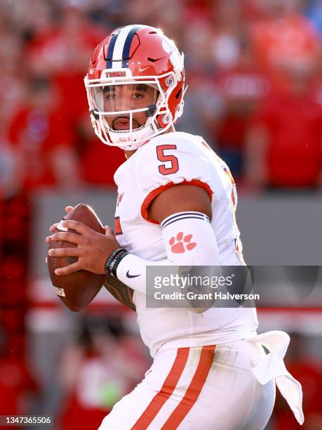 Uiagalelei of the Clemson Tigers looks to pass during their game against the North Carolina State Wolfpack at Carter-Finley Stadium on September 25,...