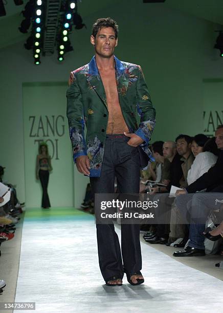 Model wearing Zang Toi Spring 2004 during Mercedes-Benz Fashion Week Spring 2004 - Zang Toi - Runway at Josephine Tent, Bryant Park in New York City,...