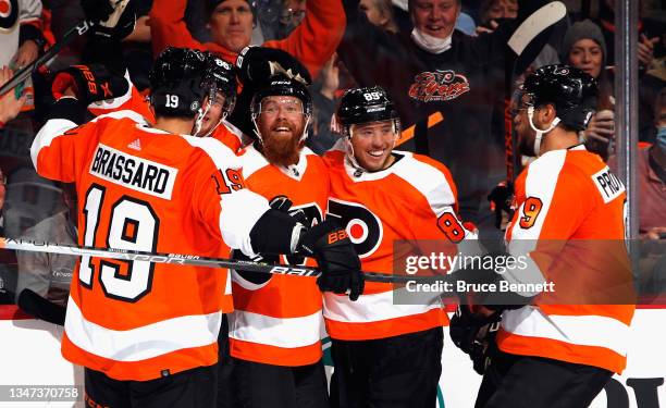 Ryan Ellis of the Philadelphia Flyers celebrates his second period goal against the Seattle Kraken at the Wells Fargo Center on October 18, 2021 in...