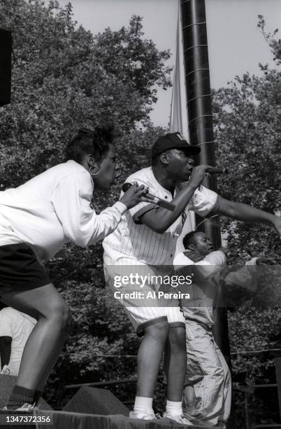 Rapper KRS-One performs as the headliner with rappers Willie D and Heather B at Central Park SummerStage at Rumsey Playfield on June 18, 1991 in New...