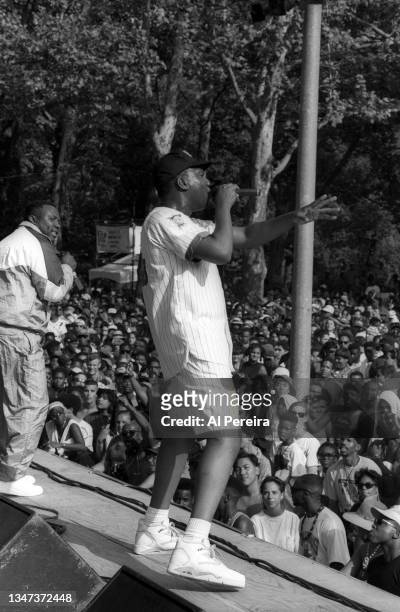Rapper KRS-One performs as the headliner with rapper Heather B at Central Park SummerStage at Rumsey Playfield on June 18, 1991 in New York City.