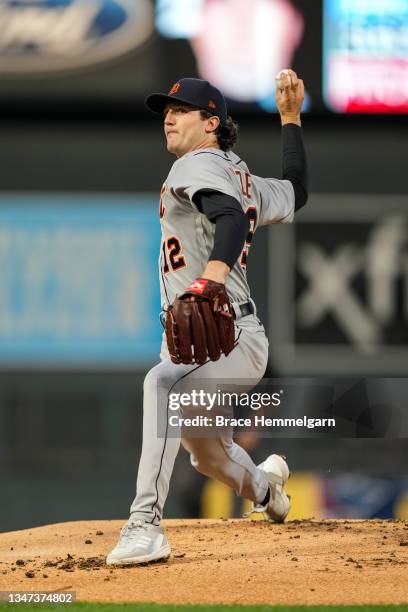 Casey Mize of the Detroit Tigers pitches against the Minnesota Twins on September 29, 2021 at Target Field in Minneapolis, Minnesota.