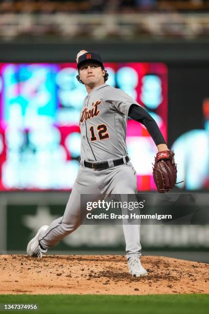 Casey Mize of the Detroit Tigers pitches against the Minnesota Twins on September 29, 2021 at Target Field in Minneapolis, Minnesota.