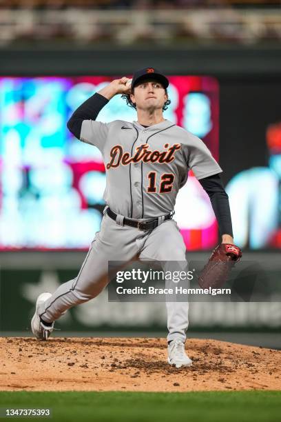 Casey Mize of the Detroit Tigers pitches against the Minnesota Twins on September 29, 2021 at Target Field in Minneapolis, Minnesota.