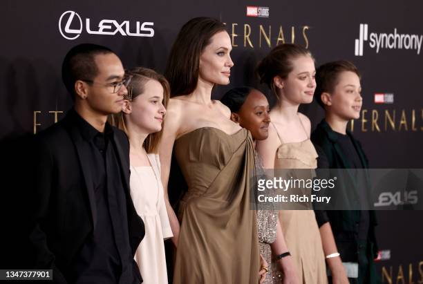 Maddox Jolie-Pitt, Vivienne Jolie-Pitt, Angelina Jolie, Knox Jolie-Pitt, Shiloh Jolie-Pitt, and Zahara Jolie-Pitt attend Marvel Studios' "Eternals"...