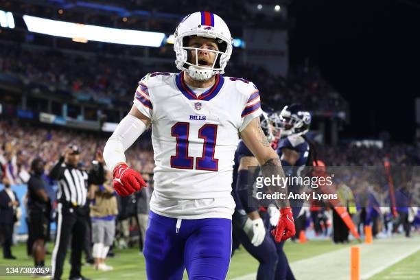 Wide receiver Cole Beasley of the Buffalo Bills celebrates his touchdown against the Tennessee Titans during the second quarter at Nissan Stadium on...