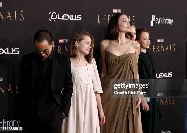 Maddox Jolie-Pitt, Vivienne Jolie-Pitt, Angelina Jolie, Knox Jolie-Pitt, Shiloh Jolie-Pitt, and Zahara Jolie-Pitt attend Marvel Studios' "Eternals"...