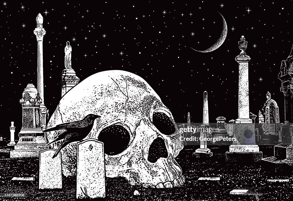 Spooky cemetery with skull and raven