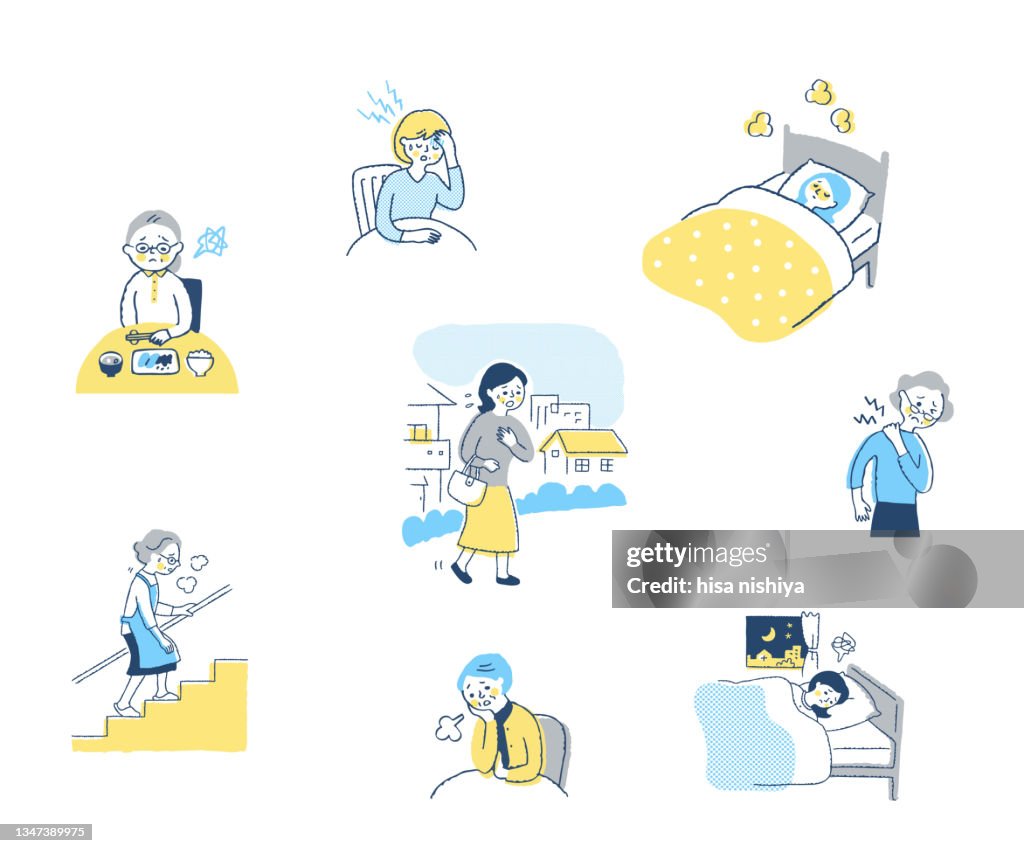 A set of various scene illustrations of women who are in poor physical condition