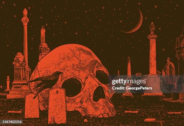 spooky cemetery with skull and raven - raven skull stock illustrations