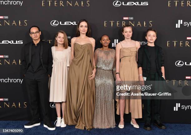 Maddox Jolie-Pitt, Vivienne Jolie-Pitt, Angelina Jolie, Zahara Jolie-Pitt, Shiloh Jolie-Pitt and Knox Jolie-Pitt attend the Los Angeles Premiere of...
