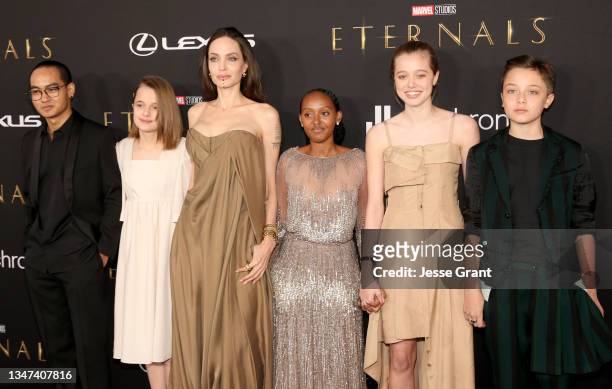 Maddox Jolie-Pitt, Vivienne Jolie-Pitt, Angelina Jolie, Zahara Jolie Pitt, Shiloh Jolie-Pitt, and Knox Jolie Pitt arrive at the Premiere of Marvel...