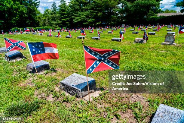 Confederate Memorial State Historic Site with confederate flags on graves, Higginsville, Missouri.