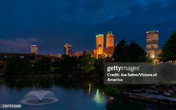 View of Tulsa Skyline at dusk from Centennial Park, Oklahoma.