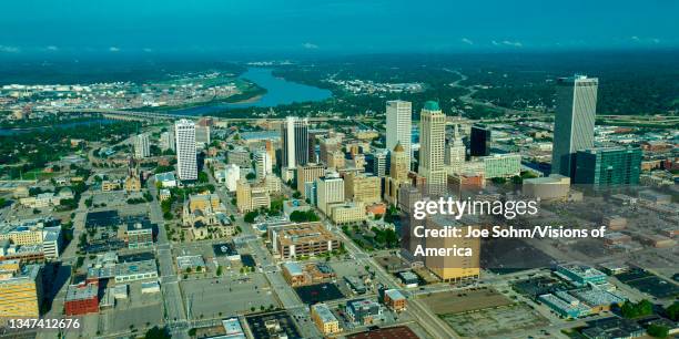 Tulsa Skyline, Oklahoma with Arkansas River in distance as seen from aerial view with drone.