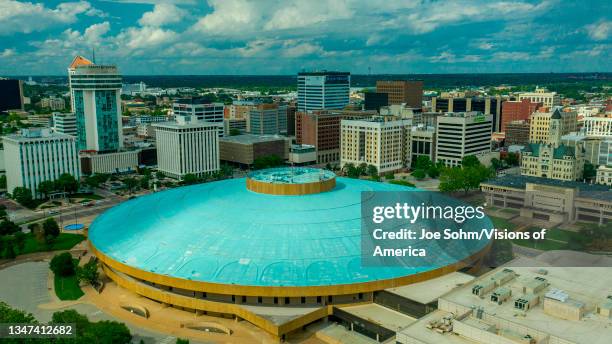 Drone aerial view of downtown Wichita Skyline, Kansas features Century 2 Performing arts center.