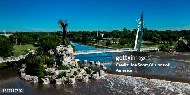 Keeper of the Plains Indian sculpture, Wichita, Kansas on confluence of Little and Big Arkansas Rivers.