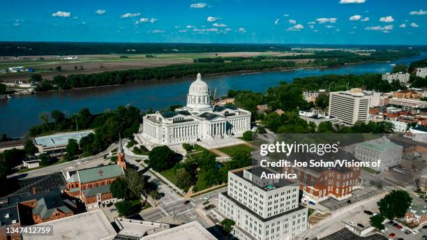 Drone aerial view of State Capitol of Missouri and Missouri River, Jefferson City, Missouri.