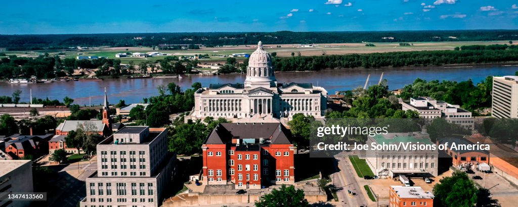 Drone aerial view of State Capitol of Missouri and Missouri River, Jefferson City, Missouri
