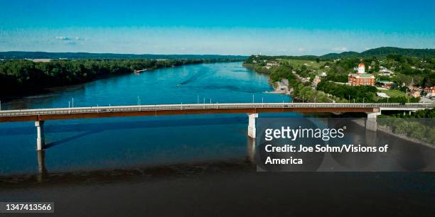 Drone aerial view of Christopher Street Bond Bridge over Missouri River to Hermann, Missouri outside of St. Louis.