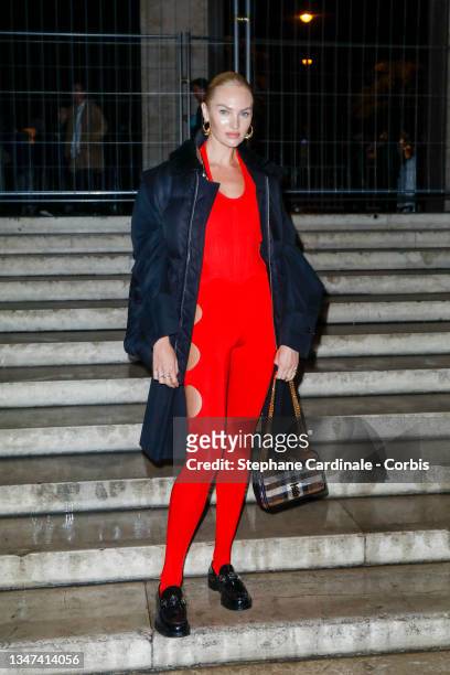 Model Candice Swanepoel attends the Burberry Closing Party For Anne Imhof's Exhibition 'Natures Mortes' at Palais De Tokyo on October 18, 2021 in...