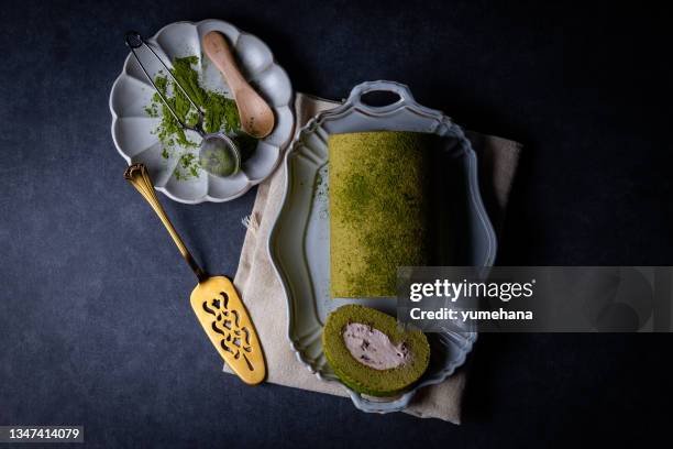 green roll cake - japanese sweet stock pictures, royalty-free photos & images