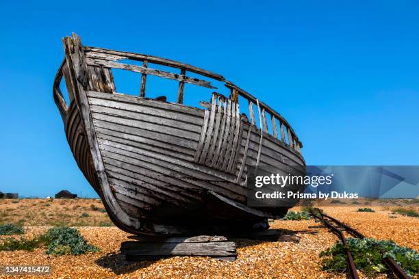 England, Kent, Dungeness, Wrecked Clinker Fishing Boat.