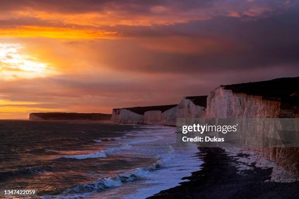 England, East Sussex, Eastbourne, Birling Gap, The Seven Sisters Cliffs and Beach in The Late Afternoon Light.