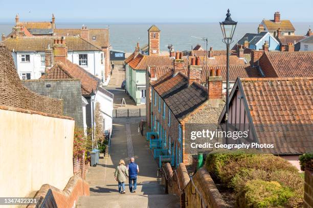 Town rooftops from Town Steps view out to North Sea, Aldeburgh, Suffolk, England, UK.