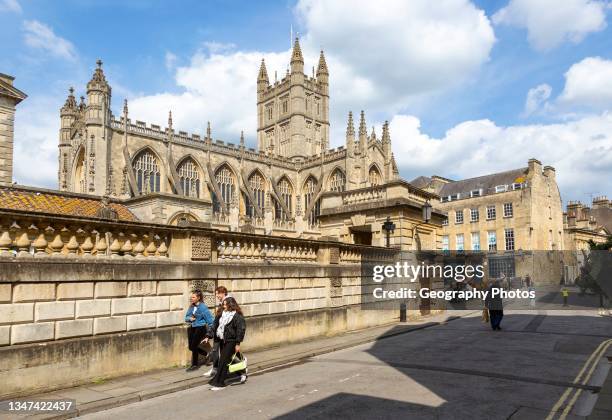 Bath Abbey church from outside Roman Baths, Bath, Somerset, England, UK.