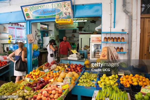 Fruit shop, Hermoupolis, Syros island, Cyclades, Aegean Sea, Greece, Europe.