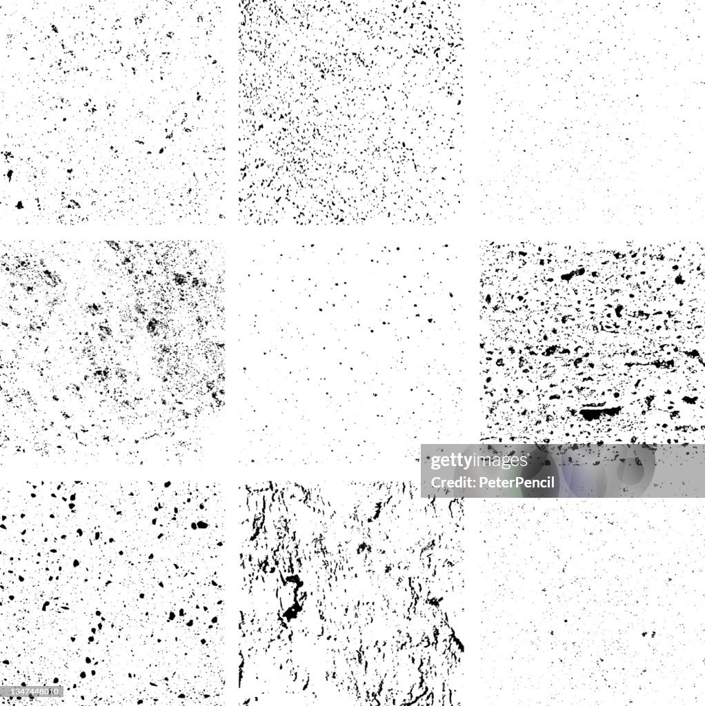 Dust Dots Grunge Texture Set. Black Dusty Scratchy Pattern Collection. Abstract Grainy Background. Vector Design Artwork. Textured Effect. Crack.